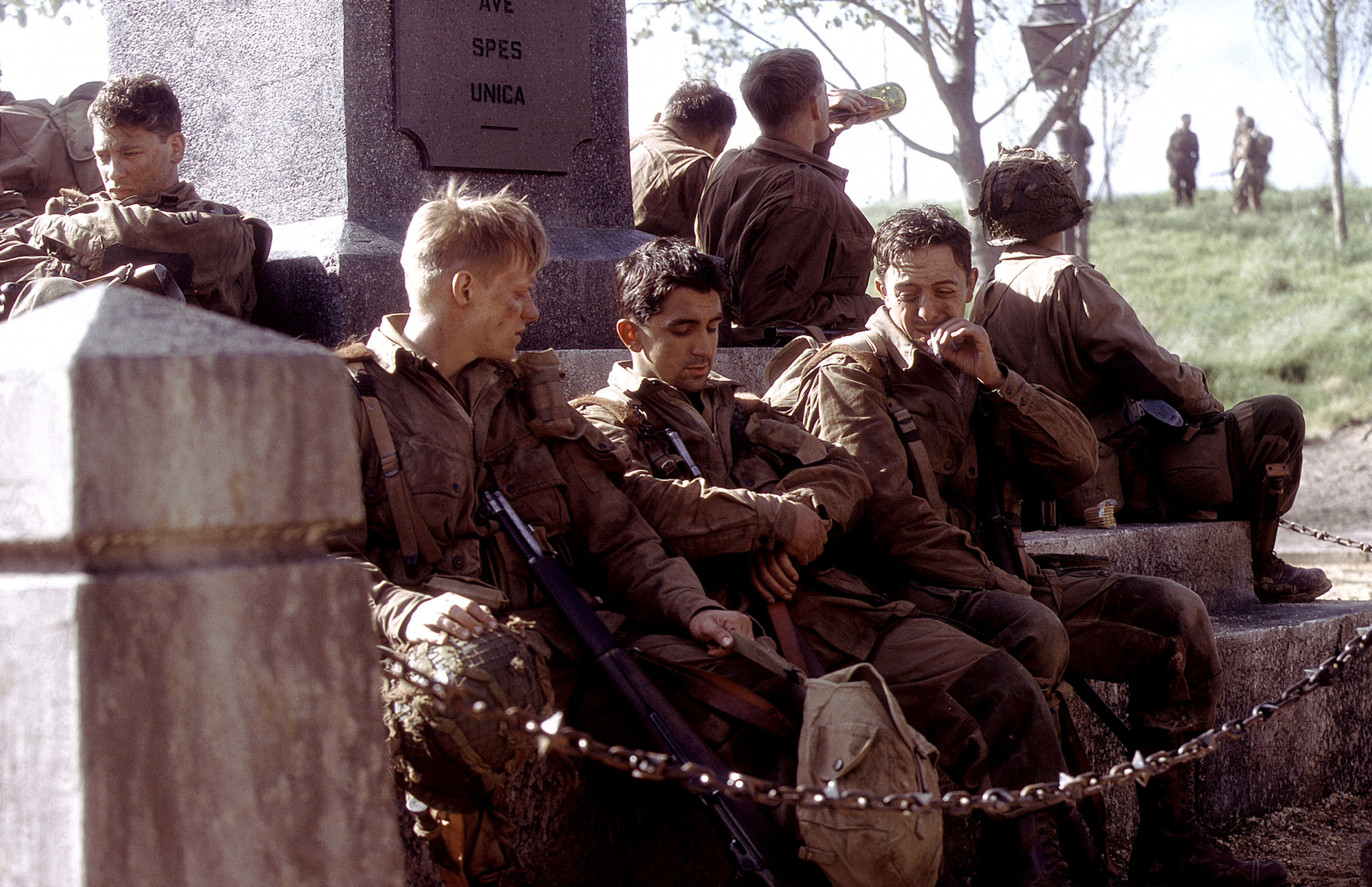 Band_of_Brothers-033 391254 11 (From L to R) Actors Dexter Fletcher (as John Martin), Marc Warren (as Albert Blithe), James Maddio (as Frank Perconte) and Ben Caplan (as Walter Gordon) act in a scene from HBO''s war mini-series Band Of.jpg